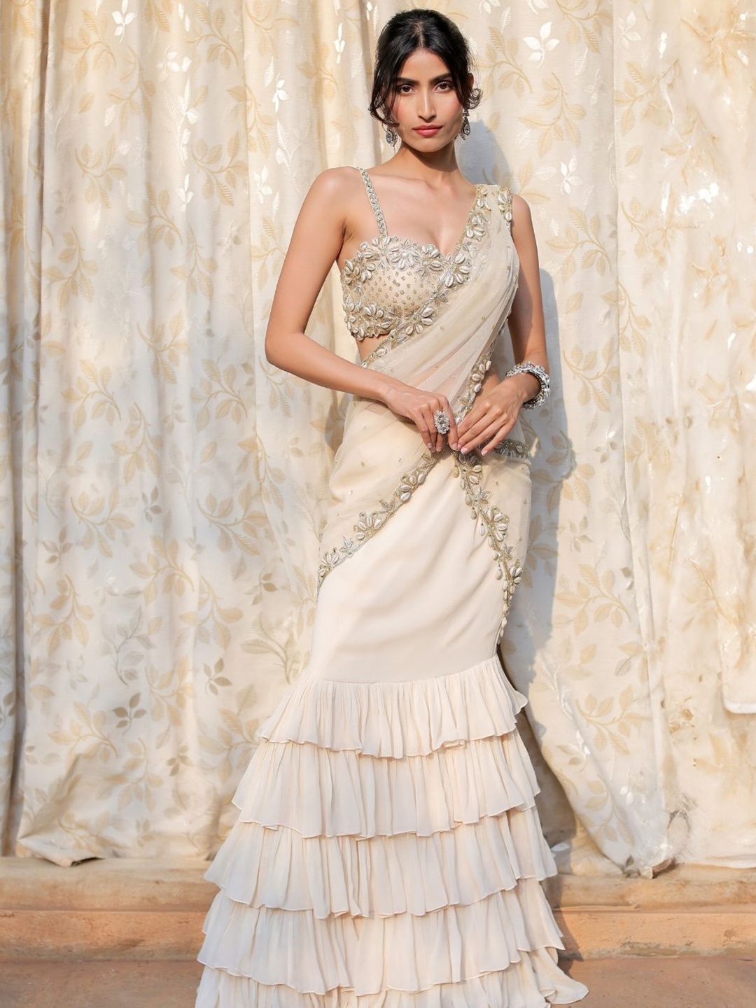 

Foram Patel Embellished Beads and Stones Pure Georgette Lehenga Saree, Cream