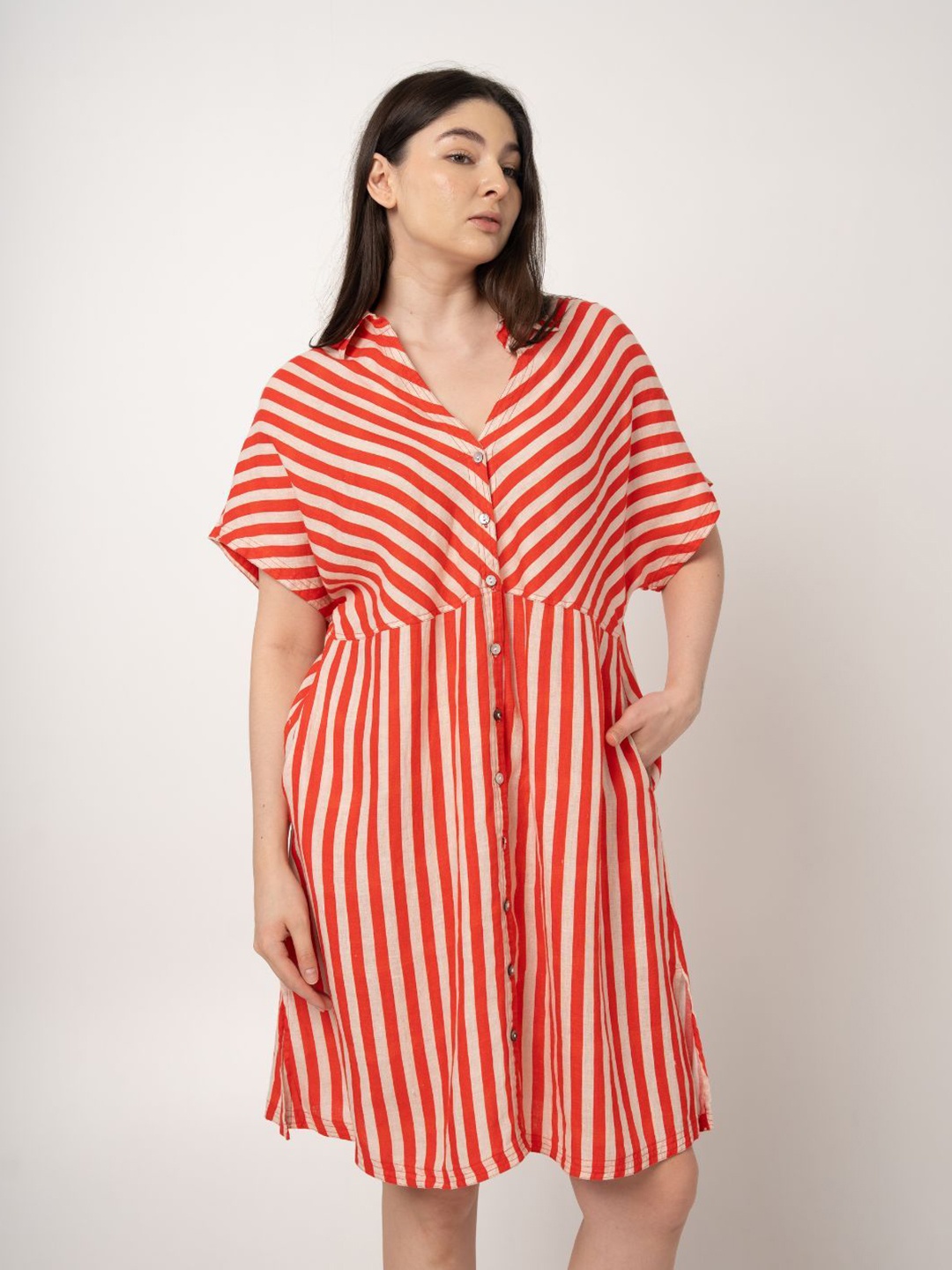 

Fabulous Women Striped Print Kimono Sleeve Shirt Dress, Red