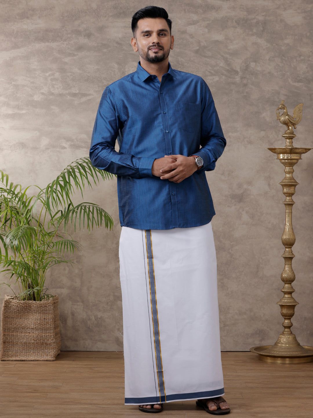 

RAMRAJ Men Solid Traditional Cotton Shirt And Matching Fancy Border Dhoti, Blue