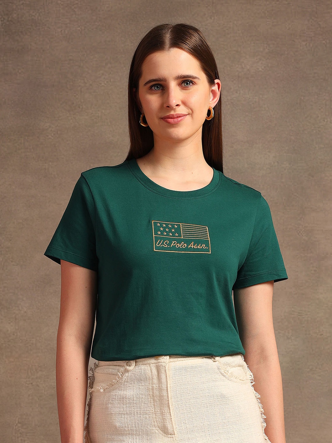 

U.S. Polo Assn. Women Brand Logo Printed Round Neck Pure Cotton T-shirt, Green