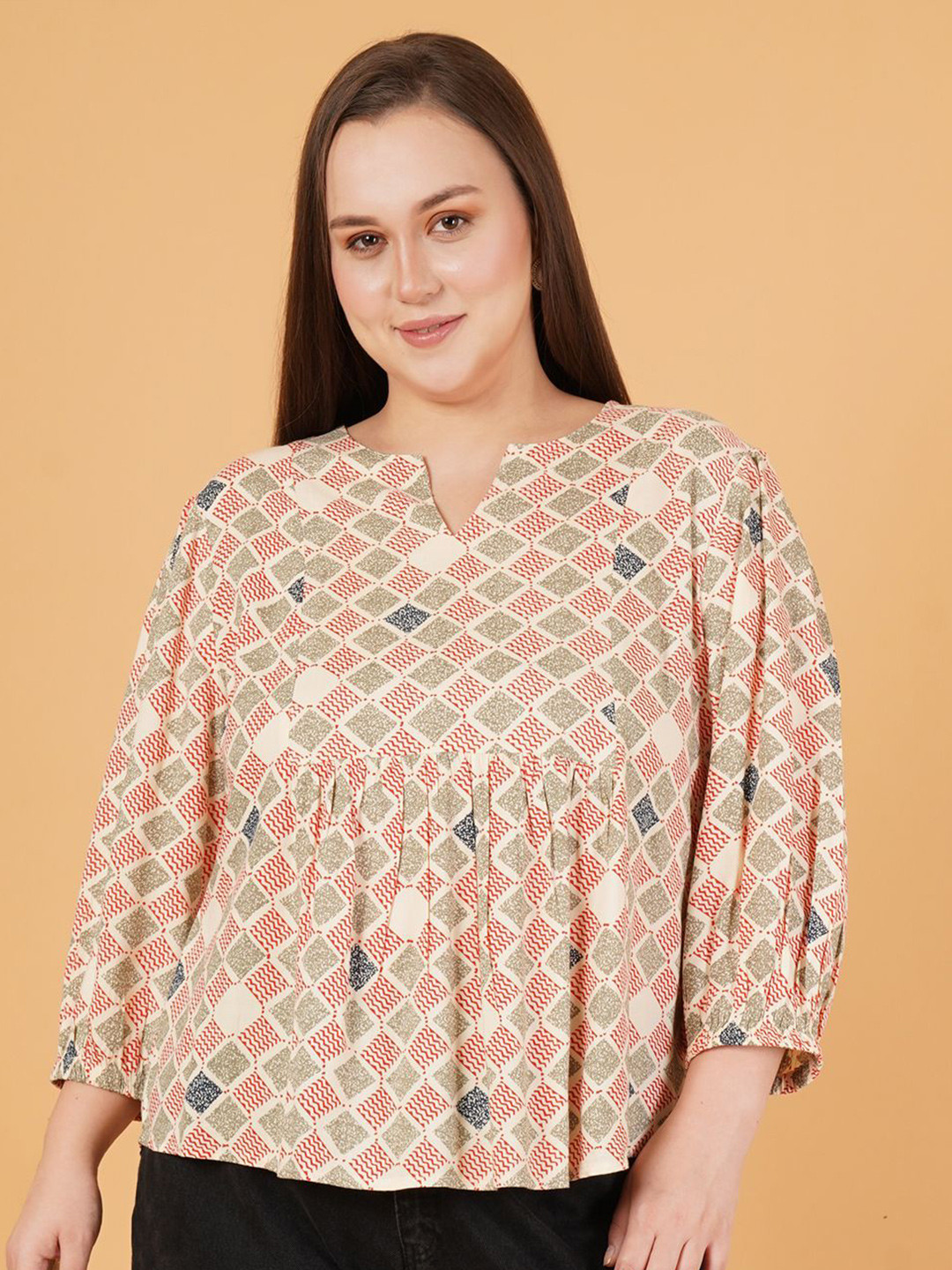 

Sztori Women Geometric Printed Round Neck Plus Size Top, Beige