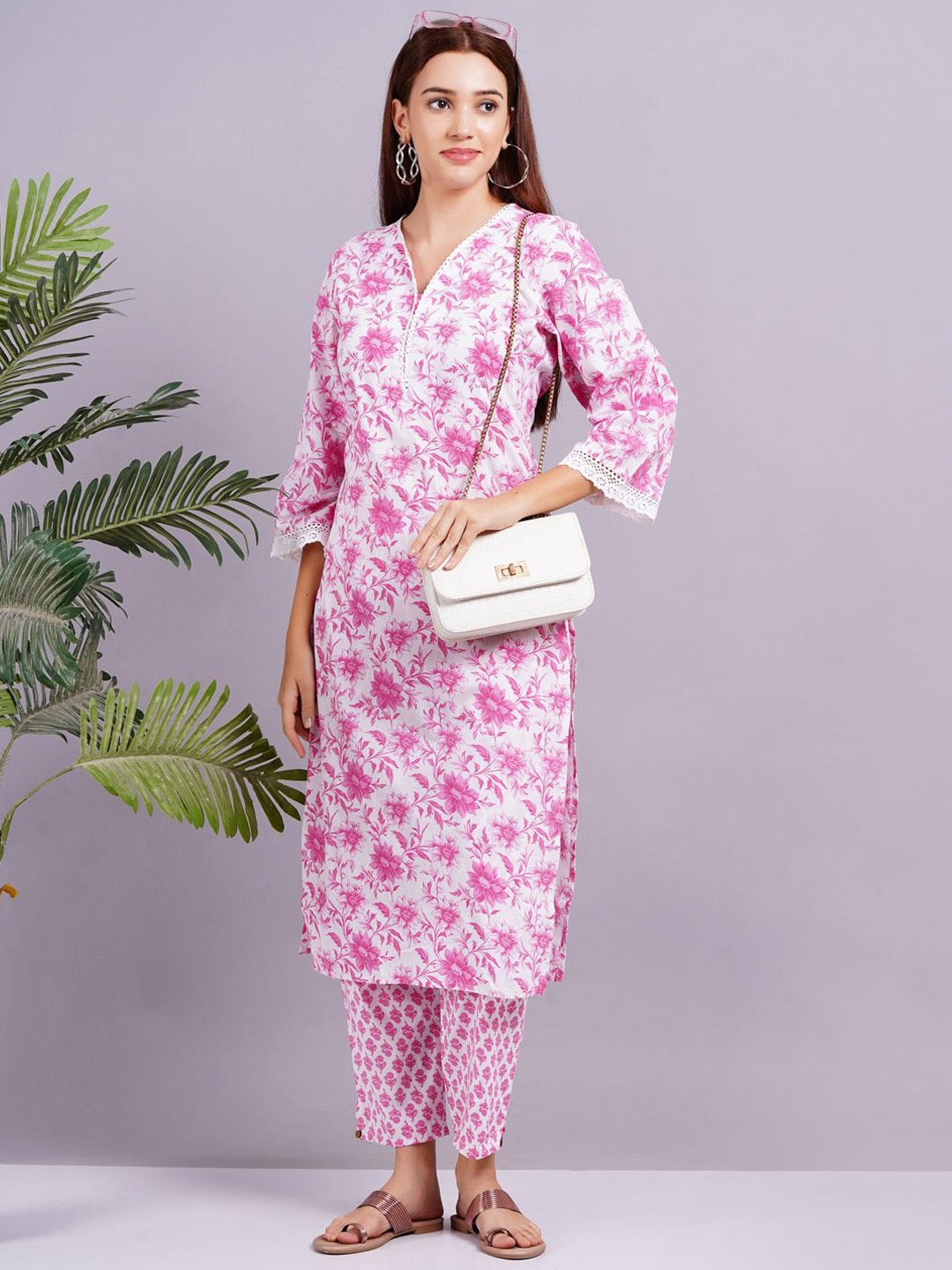 

JC4U Floral Printed V-Neck Pure Cotton Straight Kurta with Trouser, Pink