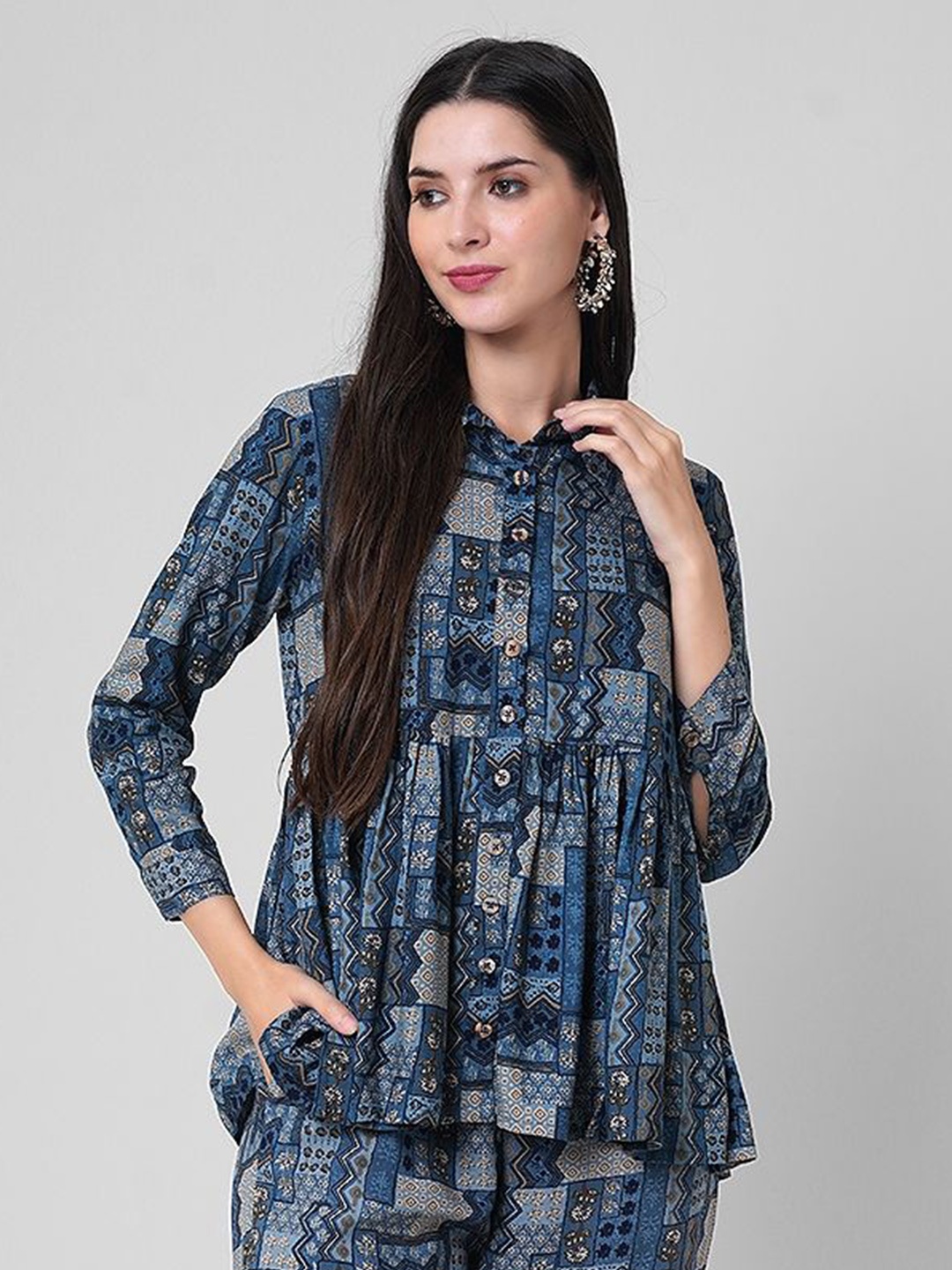 

Haute and Humble Women Abstract Printed Shirt Collar Top, Blue
