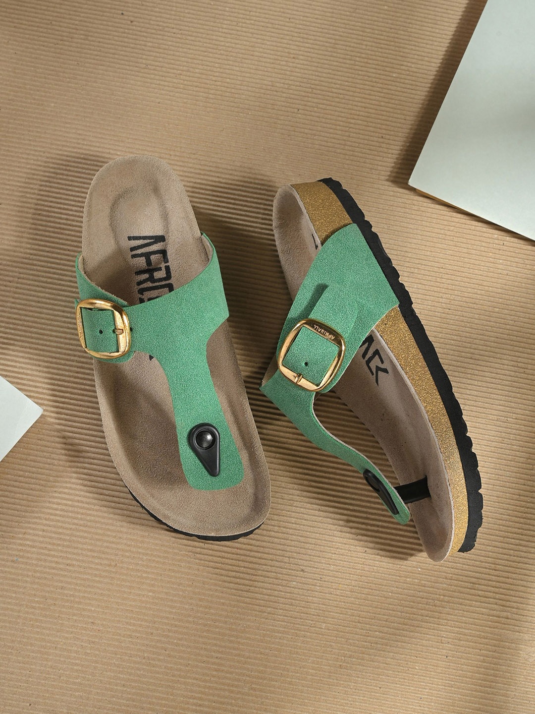 

AfroJack Women Buckle Detail T-Strap Flats, Green