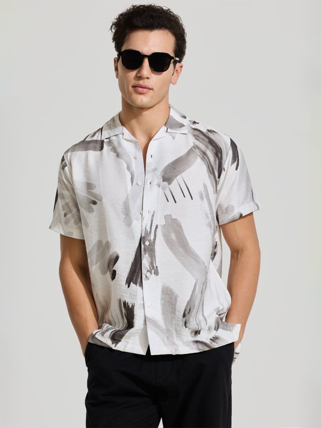 

Snitch Men Smart Cuban Collar Abstract Printed Casual Shirt, White