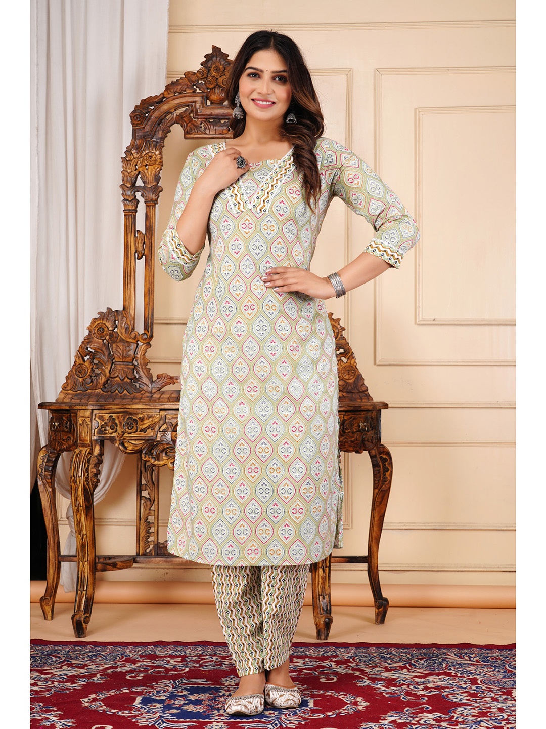 

Aarti Fashion Women Ethnic Motifs Printed Regular Pure Cotton Kurta with Trousers, Green