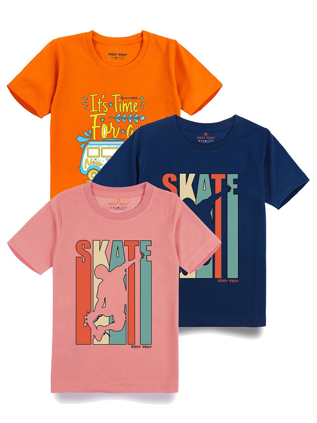 

AUSK Boys Pack Of 3 Graphic Printed Round Neck Cotton T-shirts, Peach