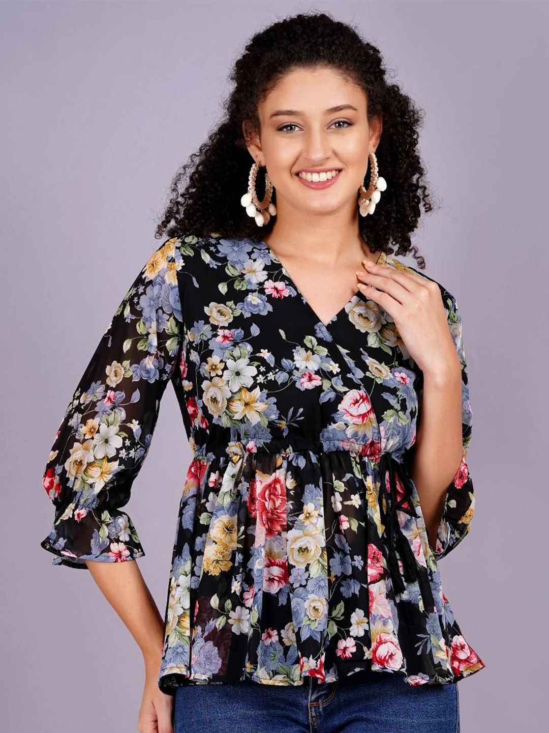 

KALINI Women Floral Printed V-Neck Top, Black