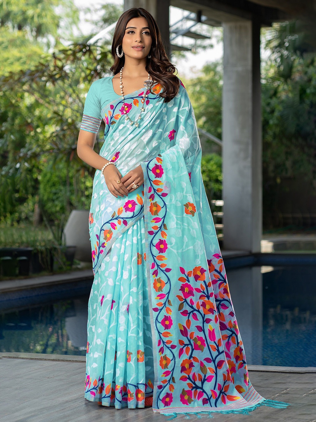 

MAHALASA Ethnic Motifs Woven Design Pure Cotton Jamdani Saree, Turquoise blue