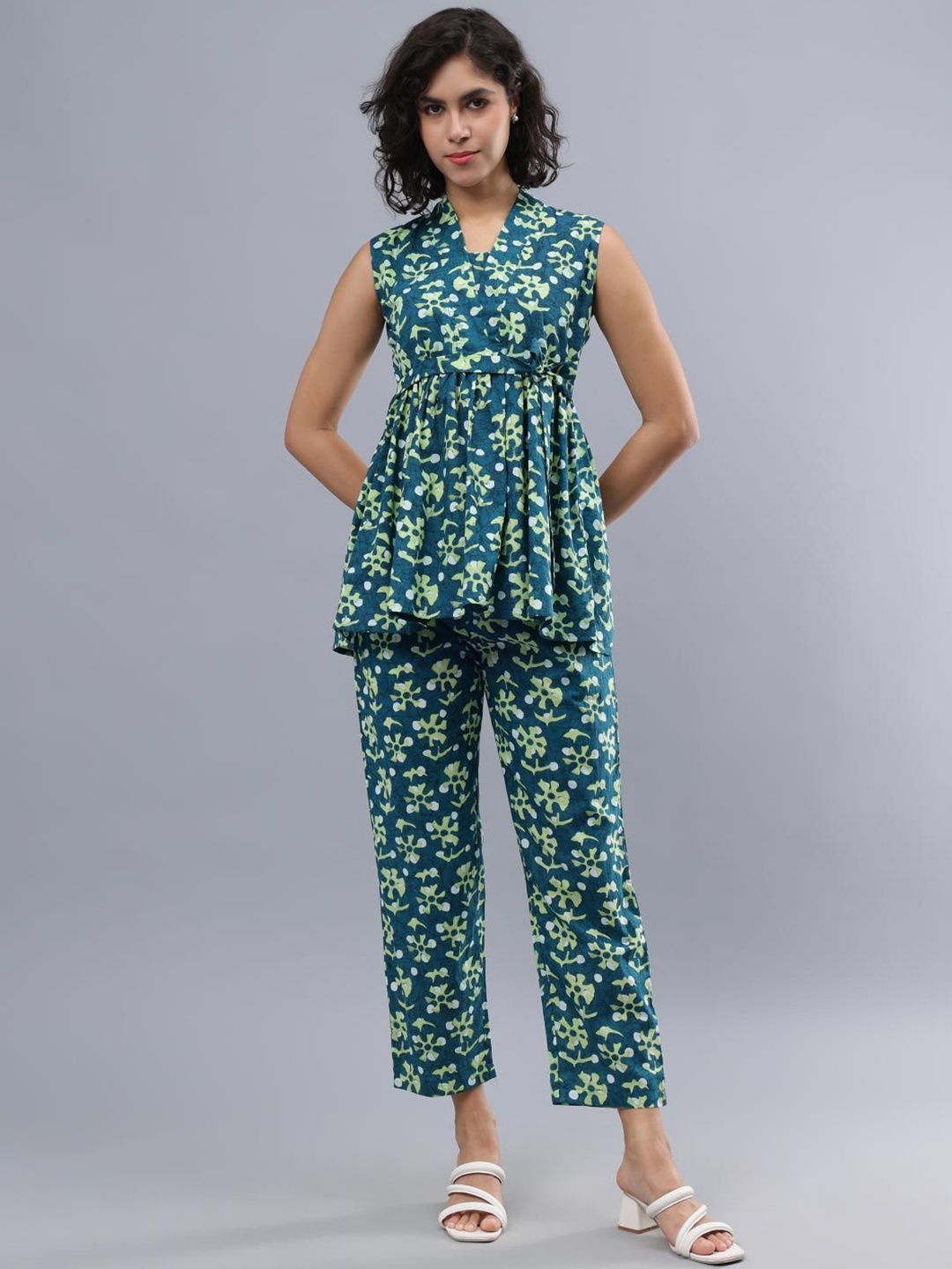 

CORDSET Floral Printed V-Neck Pure Cotton Tunic & Trouser Co-ords, Blue