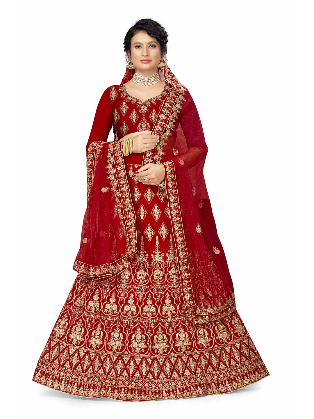 

Maroosh Embellished Thread Work Unstitched Lehenga & Blouse With Dupatta, Red