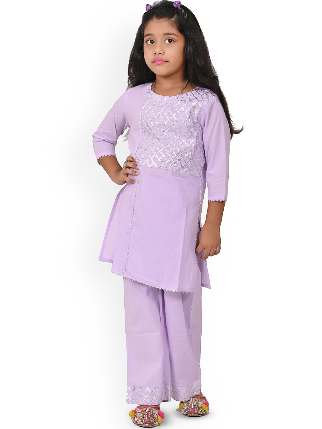 

Cloth Bites Girls Printed Regular Gotta Patti Kurta with Pyjamas, Purple