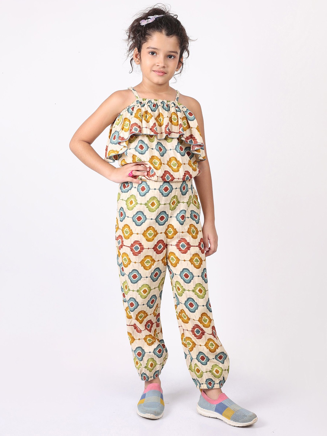 

SILK SPARROW Girls Printed Basic Jumpsuit with Ruffles, Off white