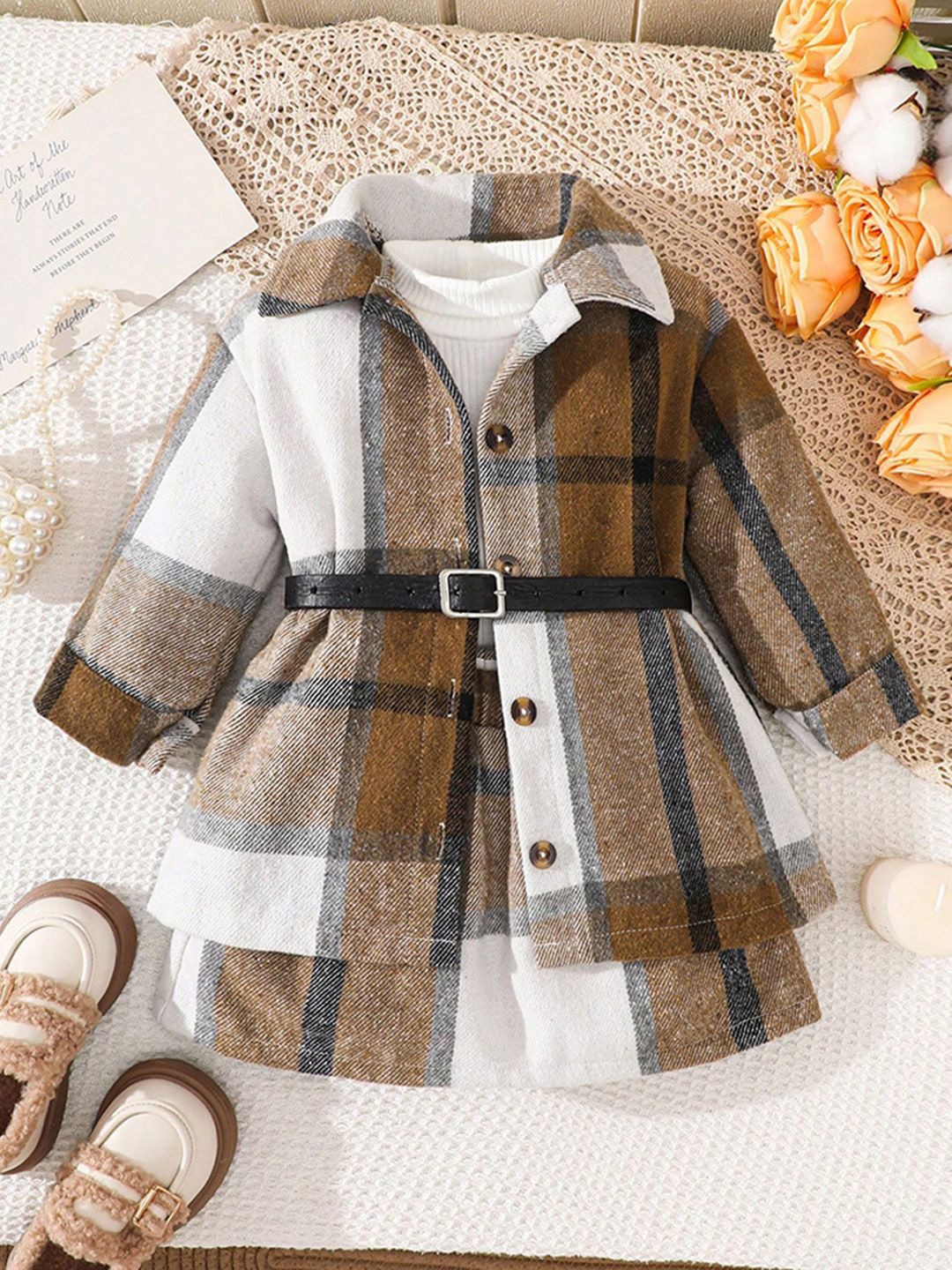 

INCLUD Girls Checked Shirt with Skirt Clothing Set, Brown