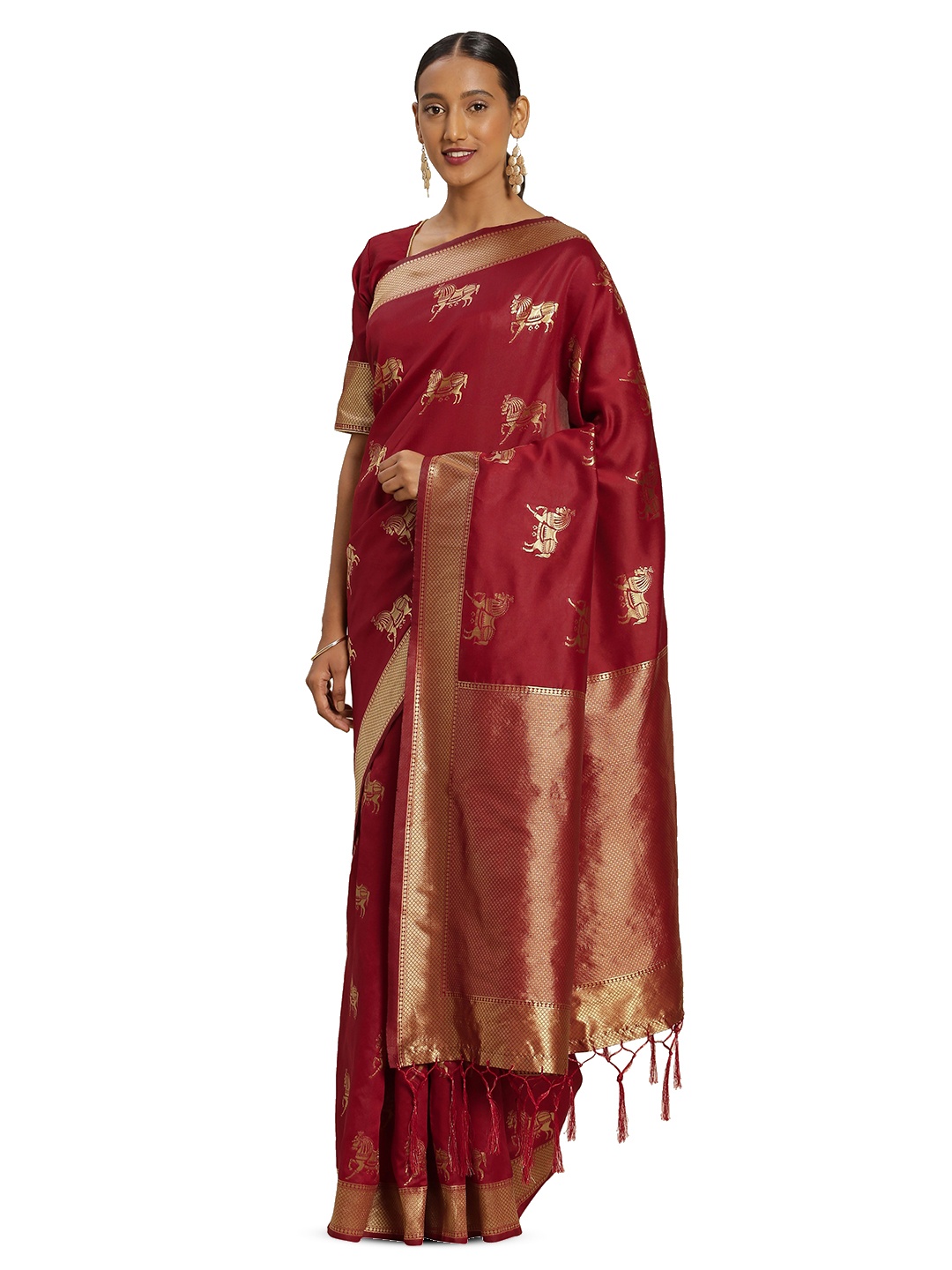 

Maroosh Woven Design Zari Silk Blend Banarasi Saree, Red