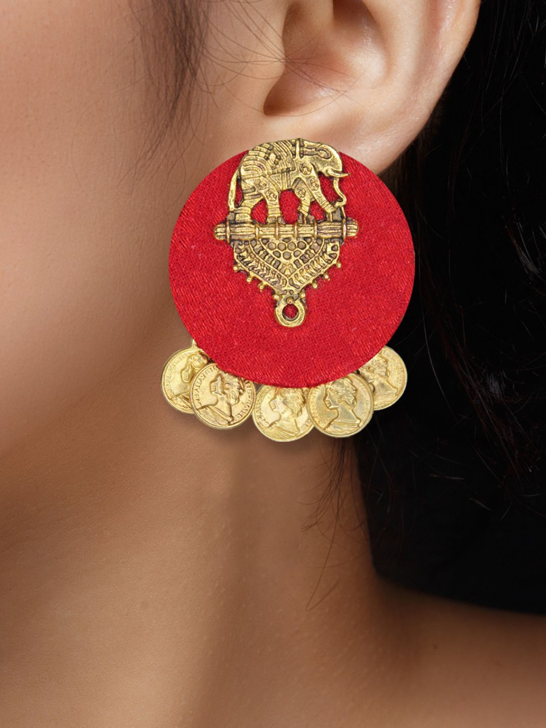 

Sangria Red Antique Coins Elephant Emblem Drop Earrings, Gold