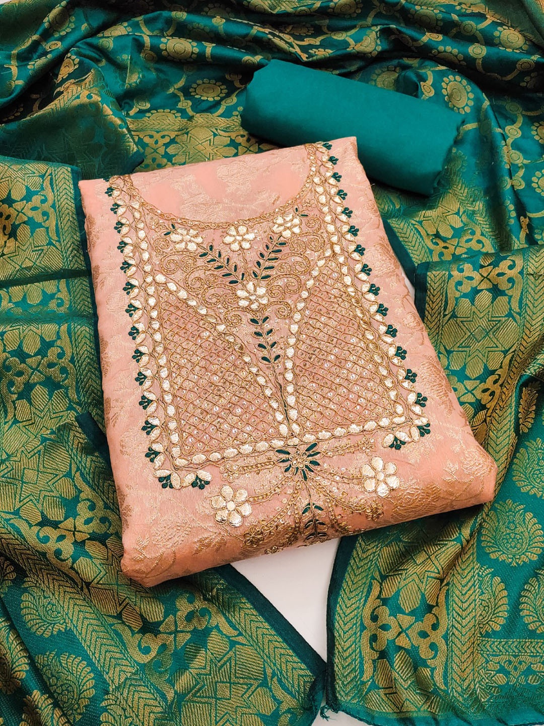 

KALINI Embroidered Unstitched Dress Material, Peach