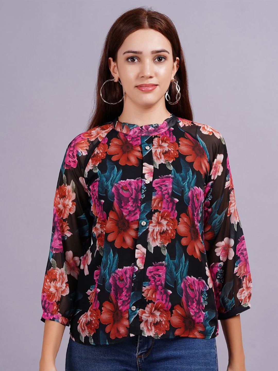 

JC4U Women Floral Printed High Neck Top, Black