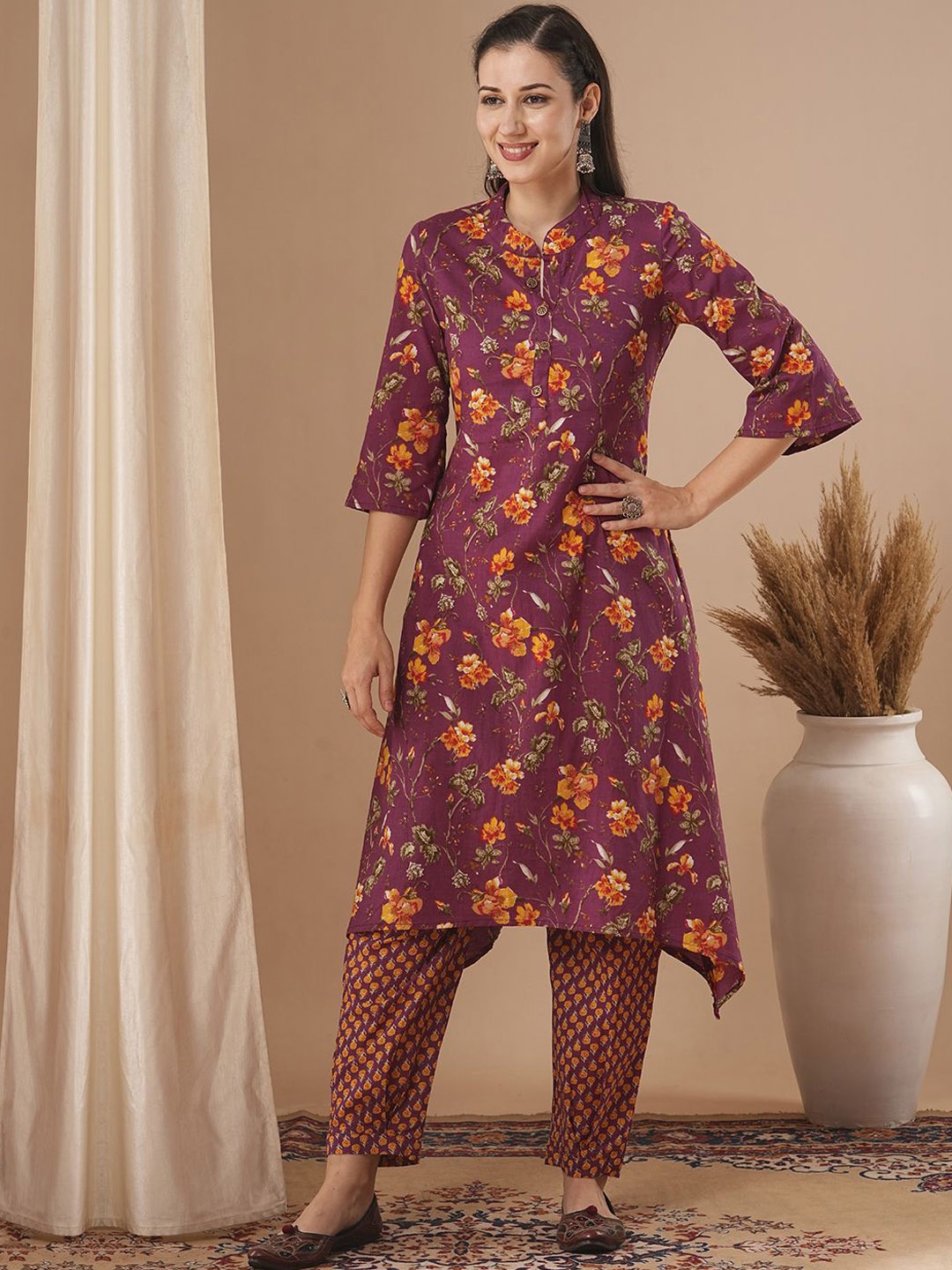 

FASHOR Women Floral Printed Regular Pure Cotton Kurta with Trousers, Purple