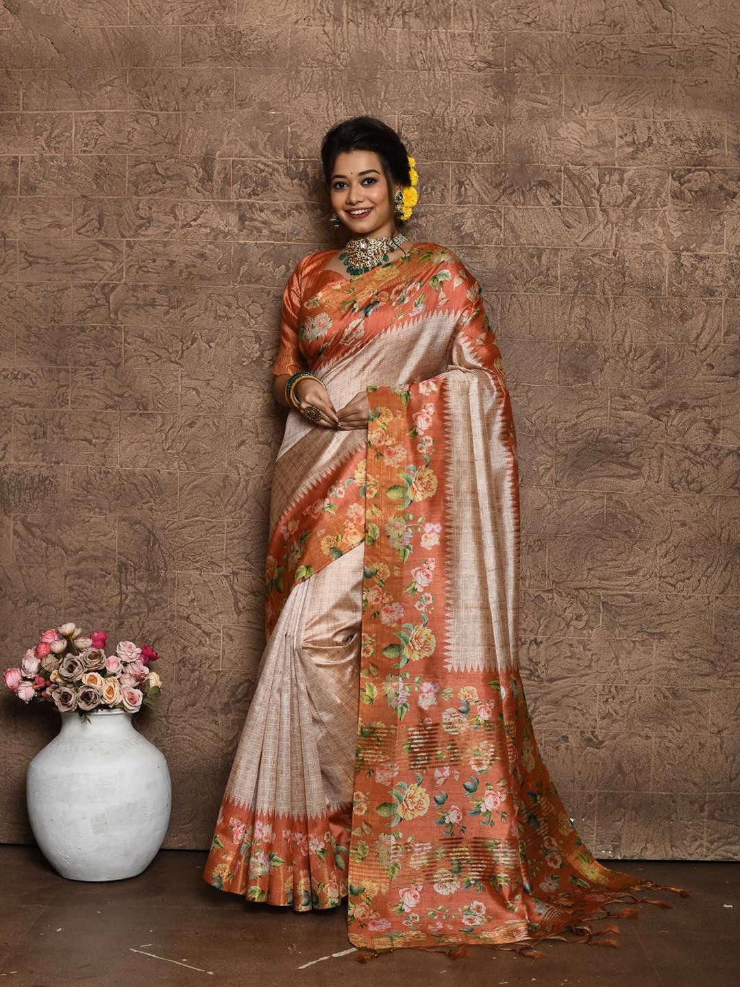 

Kandora Woven Design Pure Silk Tussar Saree, Orange