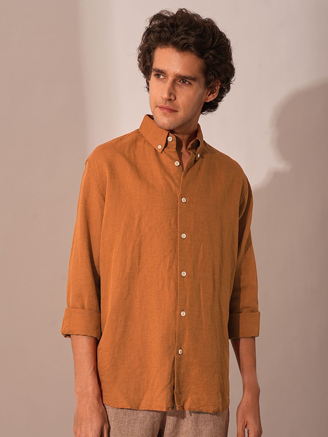 

SELECTED Men Button-Down Collar Solid Linen Blend Casual Shirt, Rust