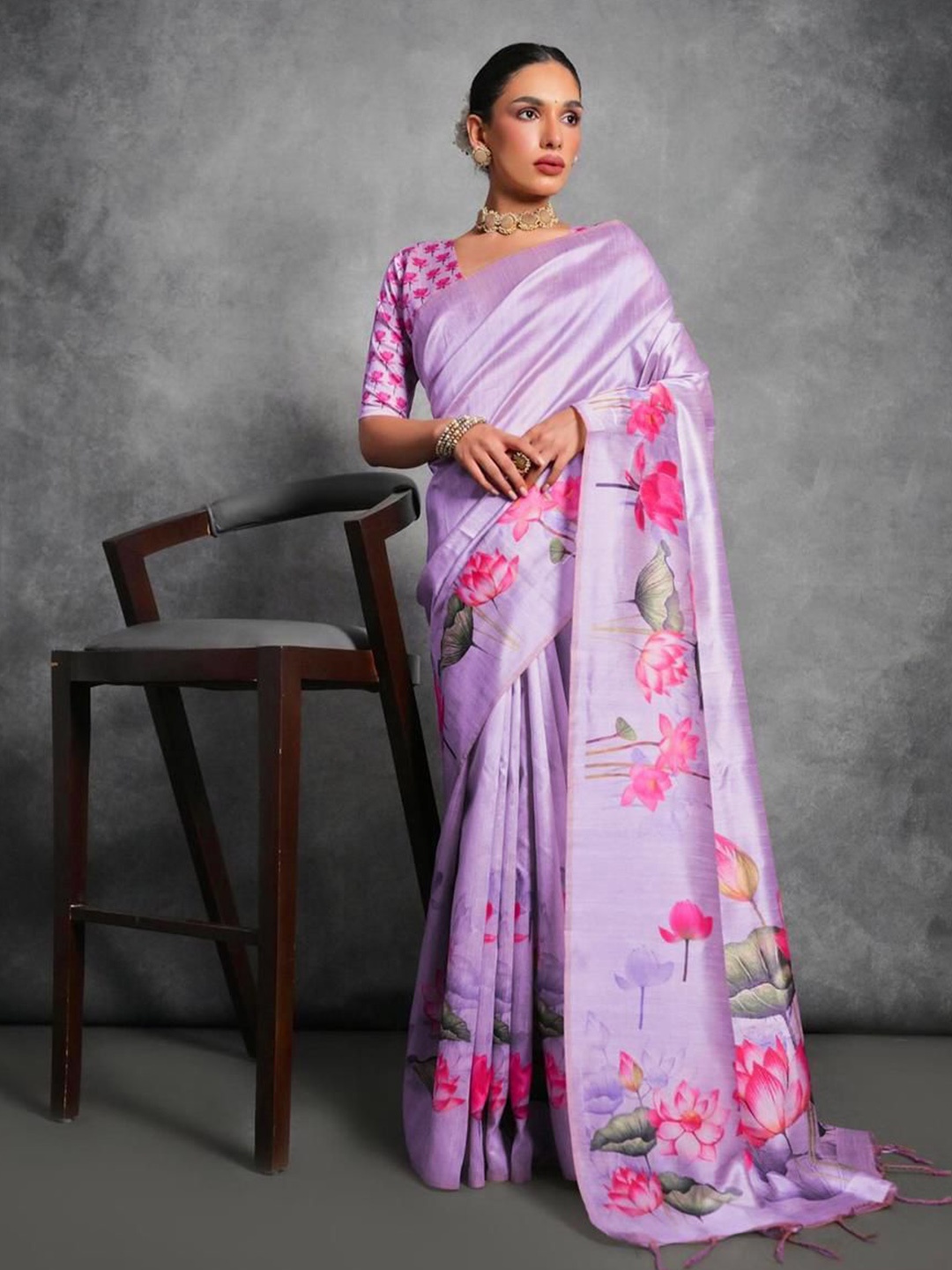 

Kandora Floral Printed Pure Silk Tussar Saree, Purple