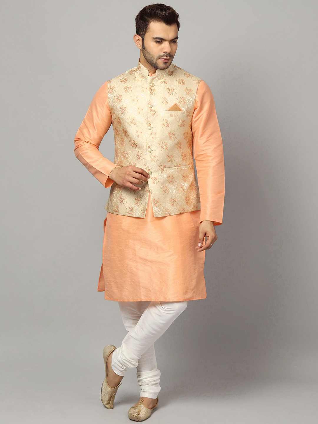 

Ethluxis Men Regular Dupion Silk Kurta with Churidar, Peach