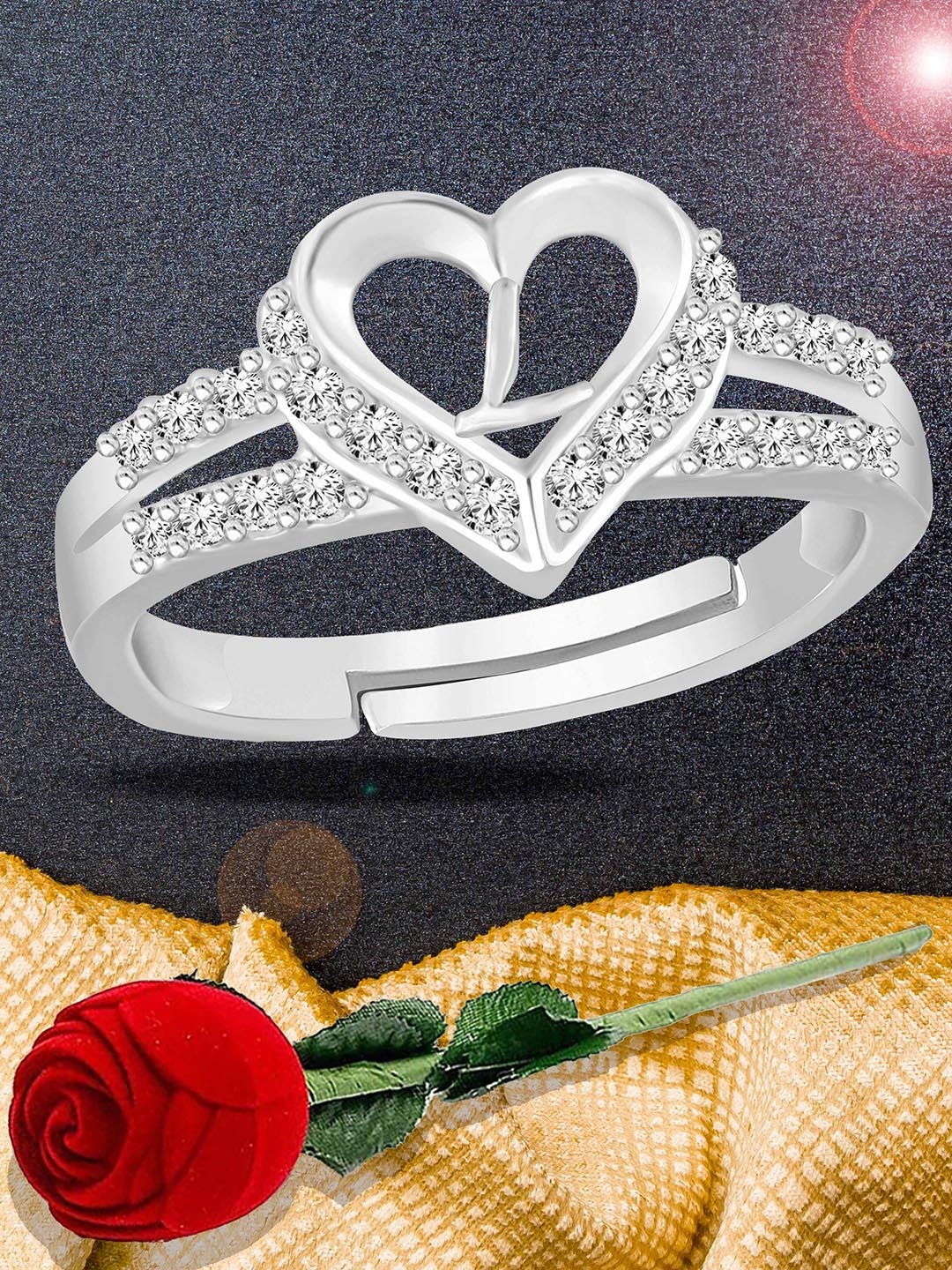 

Lila Unisex Silver-Plated Stones-Studded L Letter Heart Shaped Finger Ring