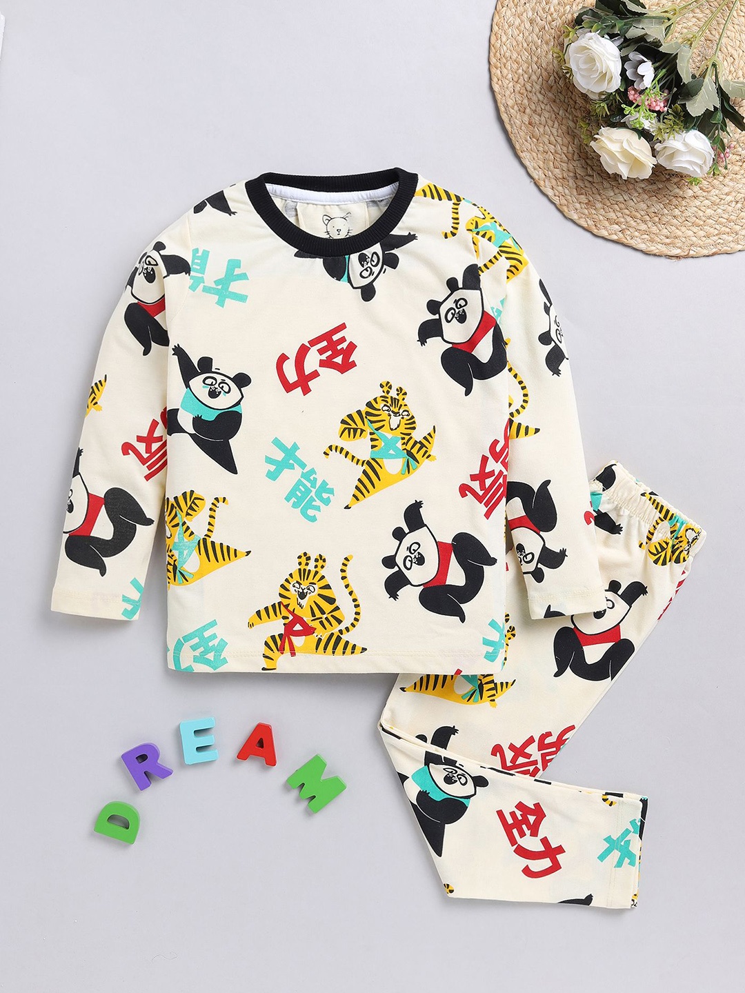 

YK Boys Printed Pure Cotton Night suit, Cream