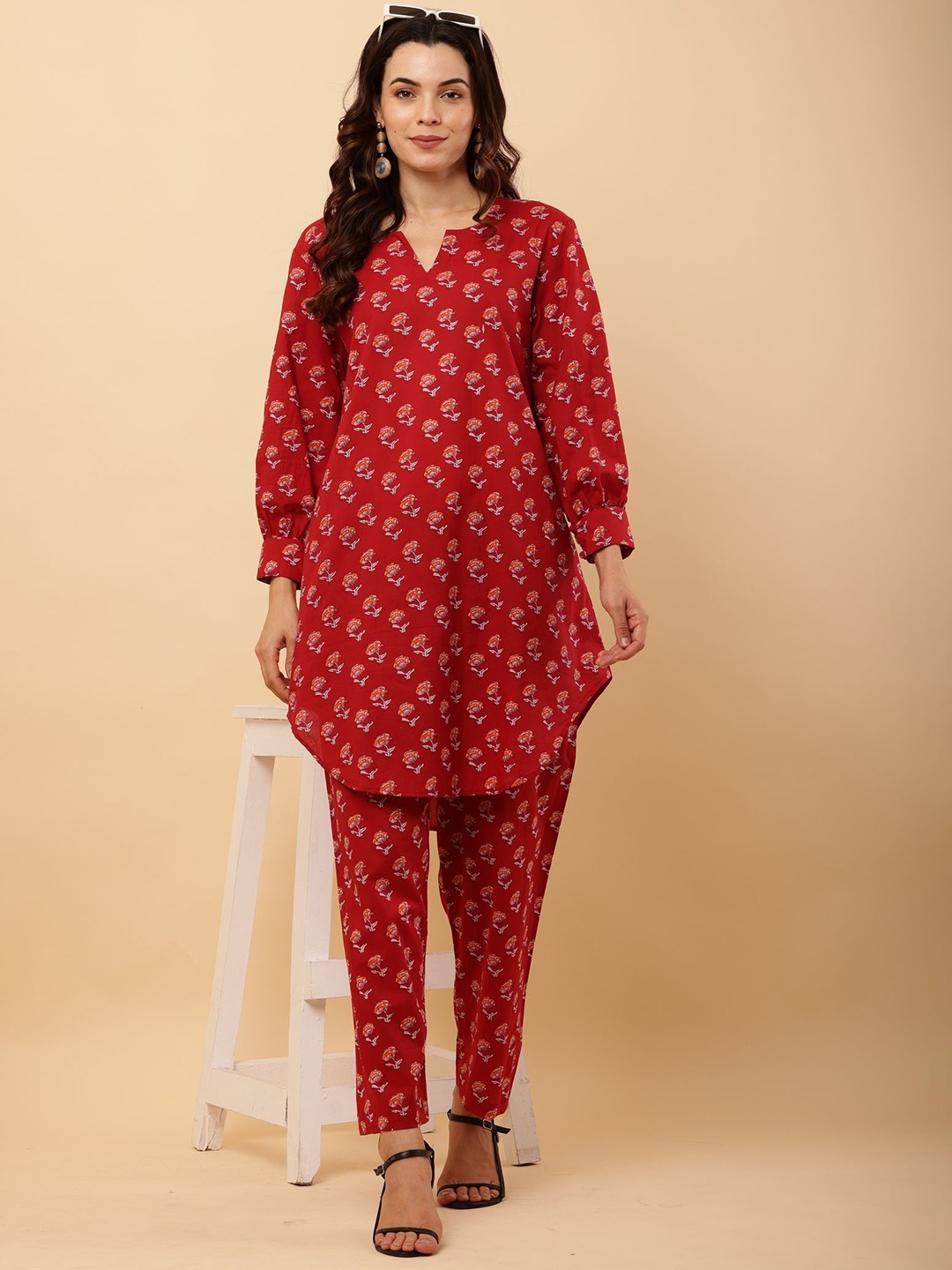 

ROZANAJAIPUR Printed Top With Trouser Co-Ords, Red