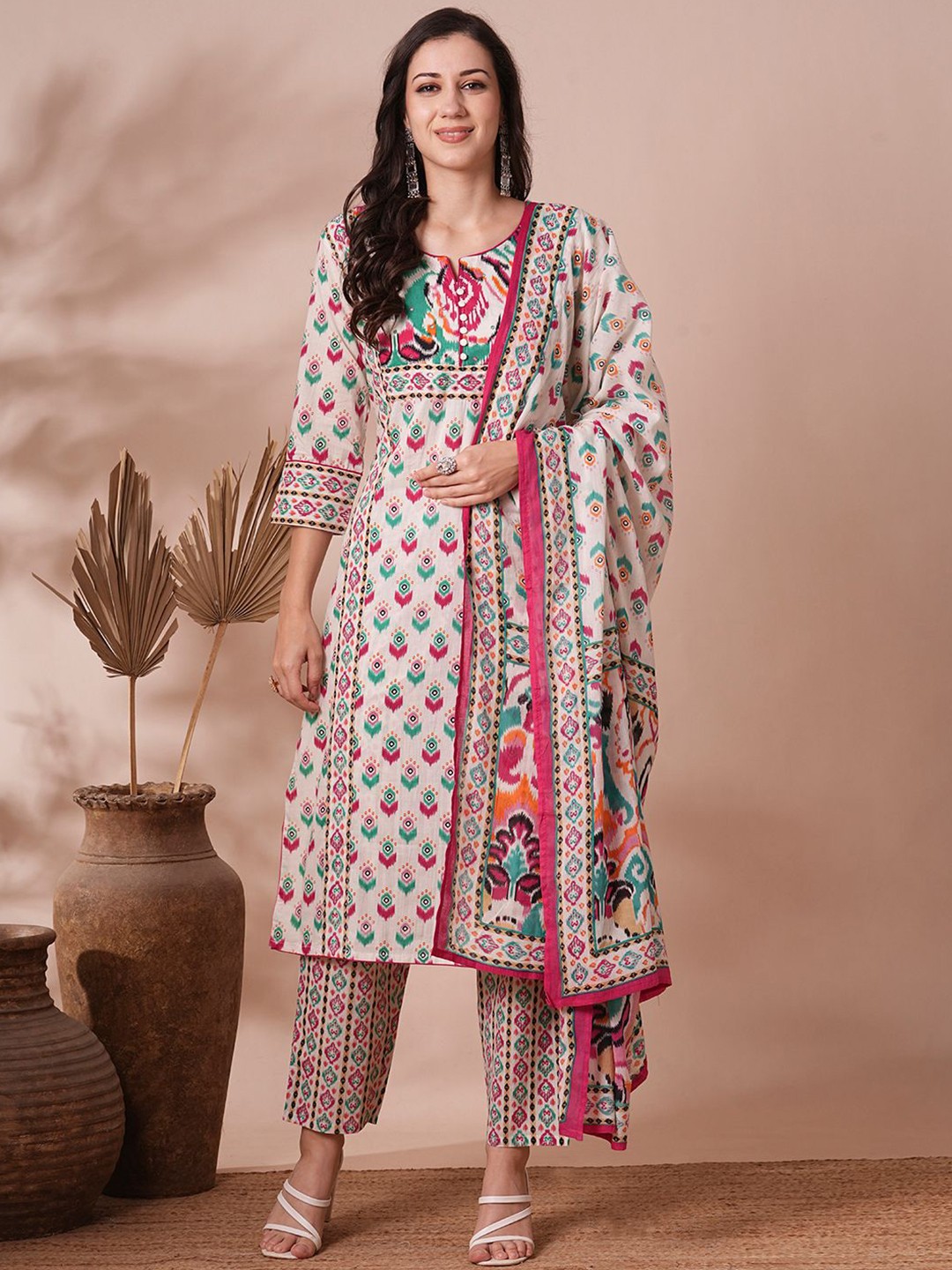 

FASHOR Women Ethnic Motifs Printed Regular Pure Cotton Kurta with Trouser & Dupatta, Off white