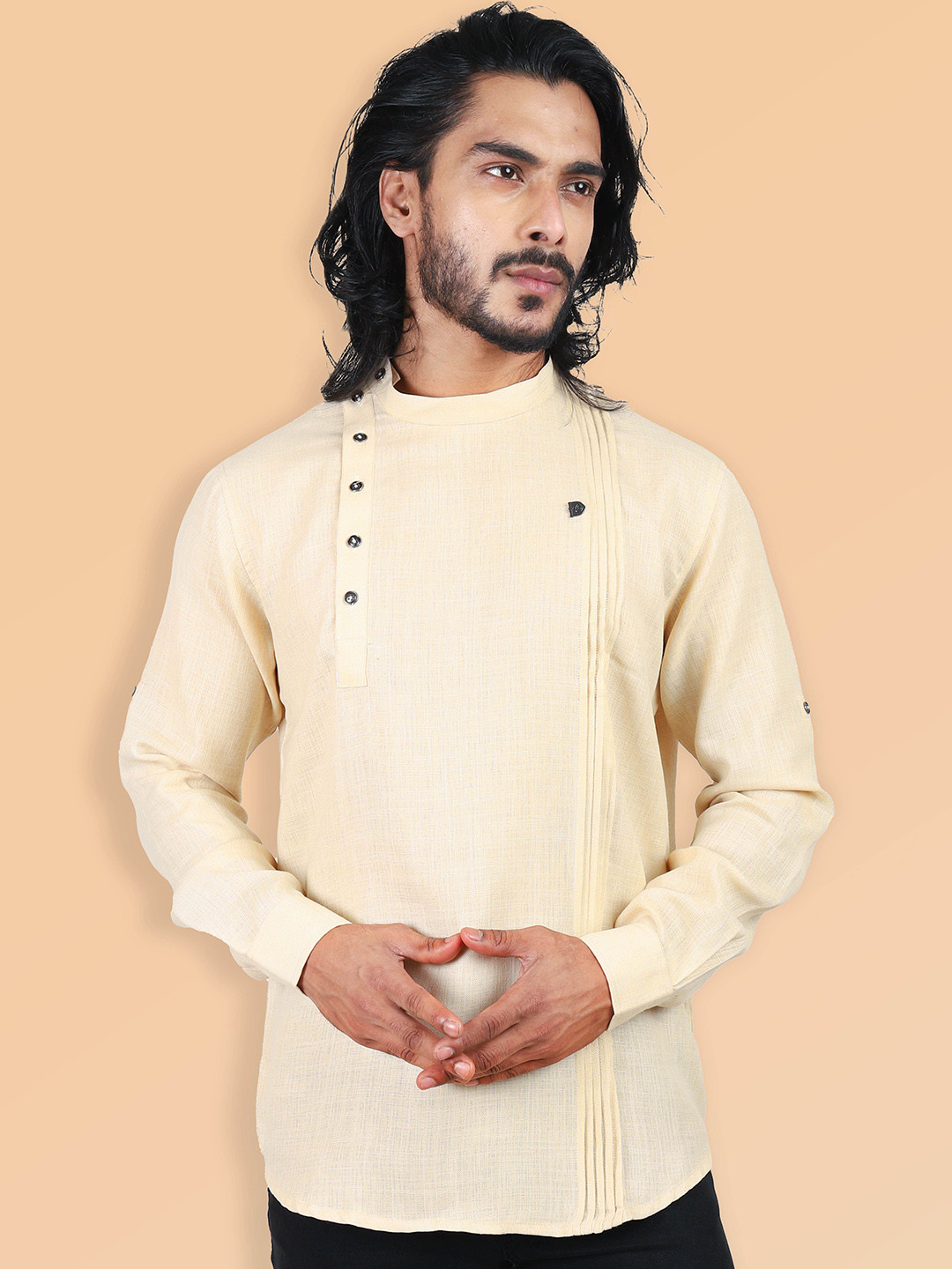 

ETHNIC FACTORY Men Patchwork Pathani Kurta, Beige