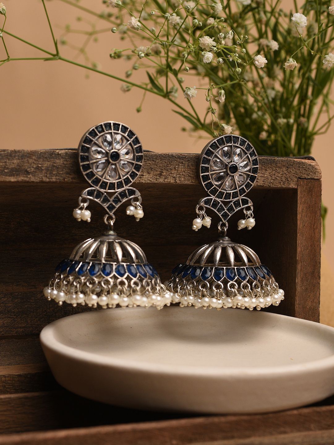 

XPNSV Silver-Plated Stone Studded & Beaded Glass Noor Jhumkas