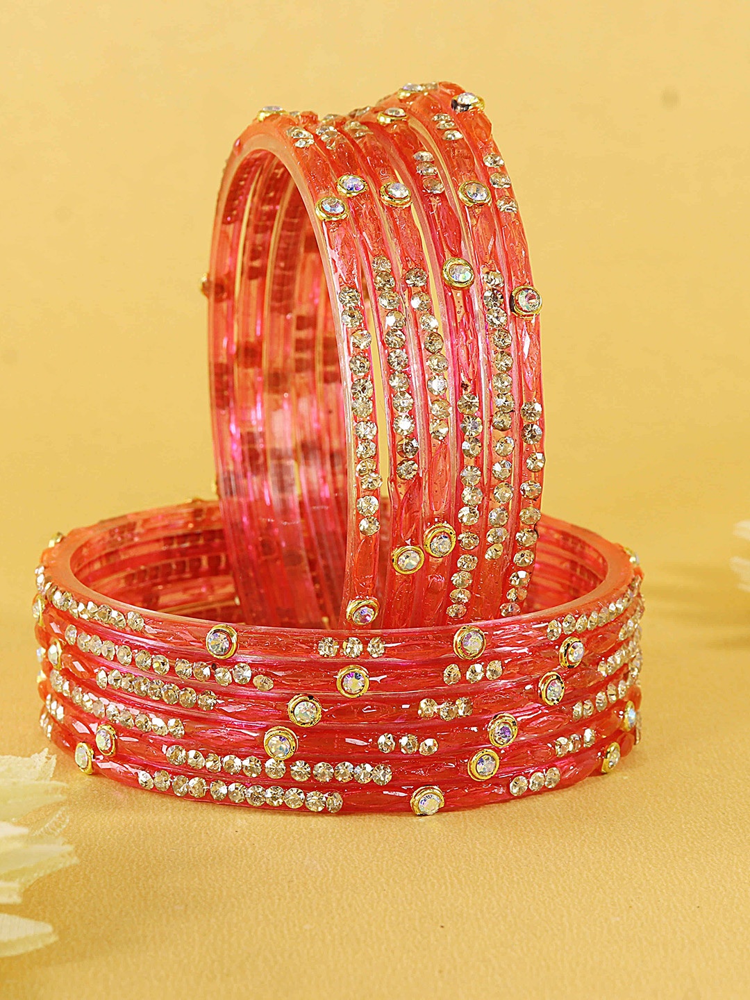 

LAVAZZA Set Of 12 Crystals & Zircon Diamond & Beads Work Bangles, Rose