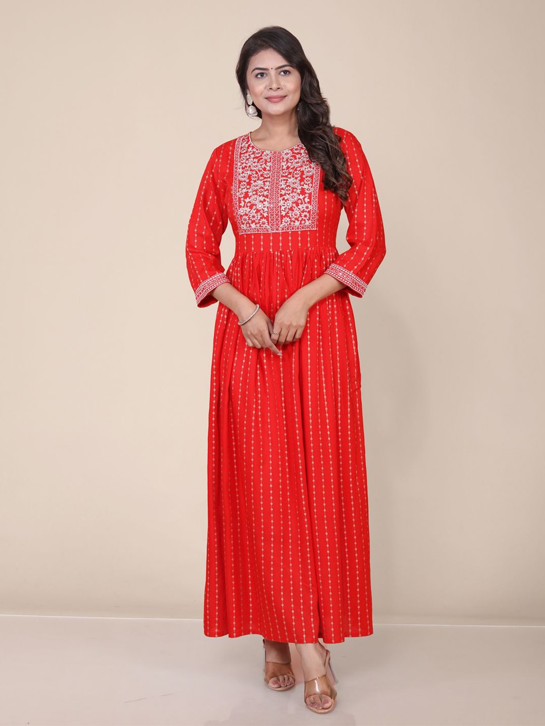 

HERE&NOW Women Embroidered Round Neck Fit & Flared Maxi Dress, Red