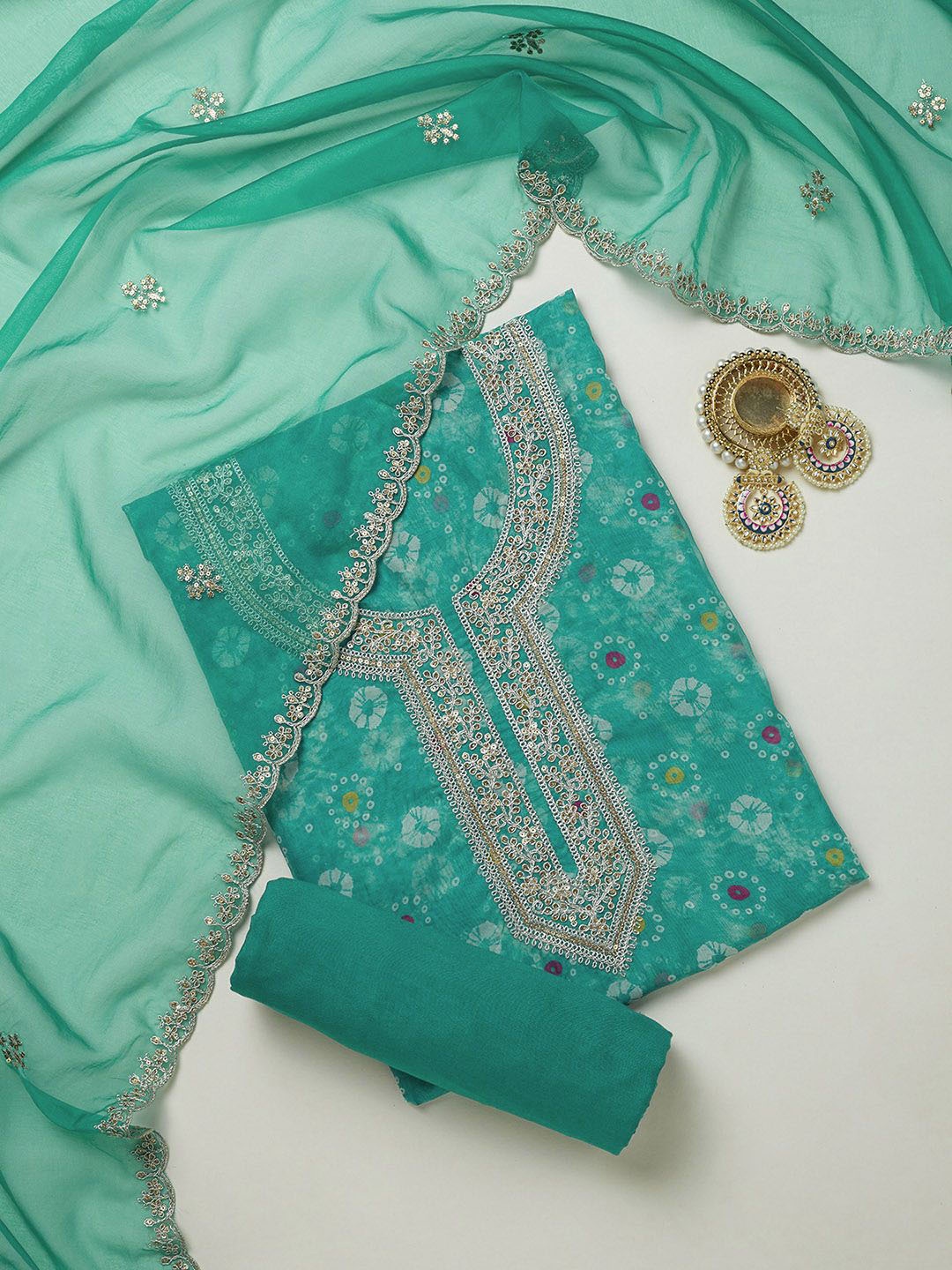 

Soch Printed Organza Unstitched Dress Material, Teal