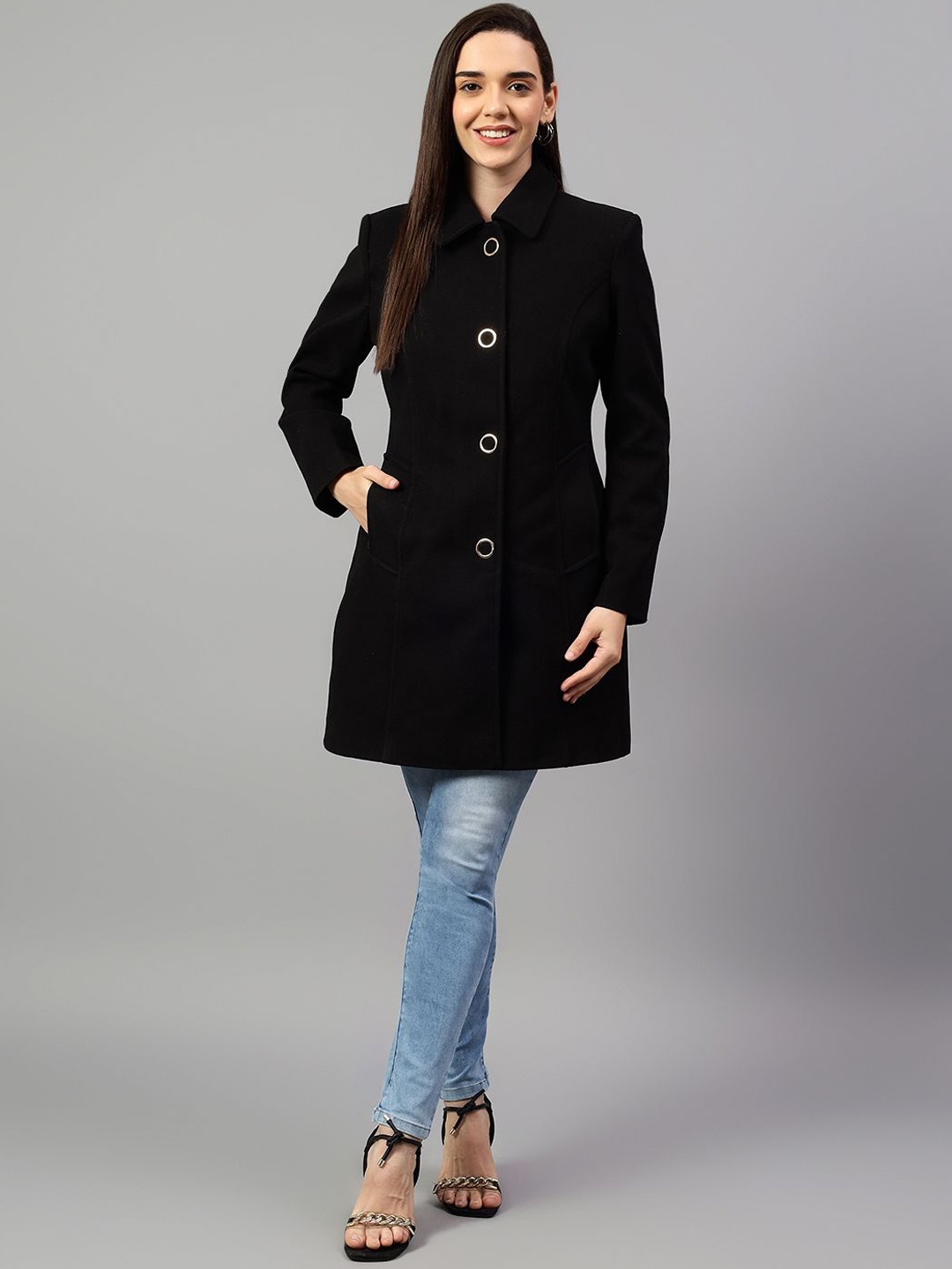 

Cantabil Women Spread Collar Overcoat, Black