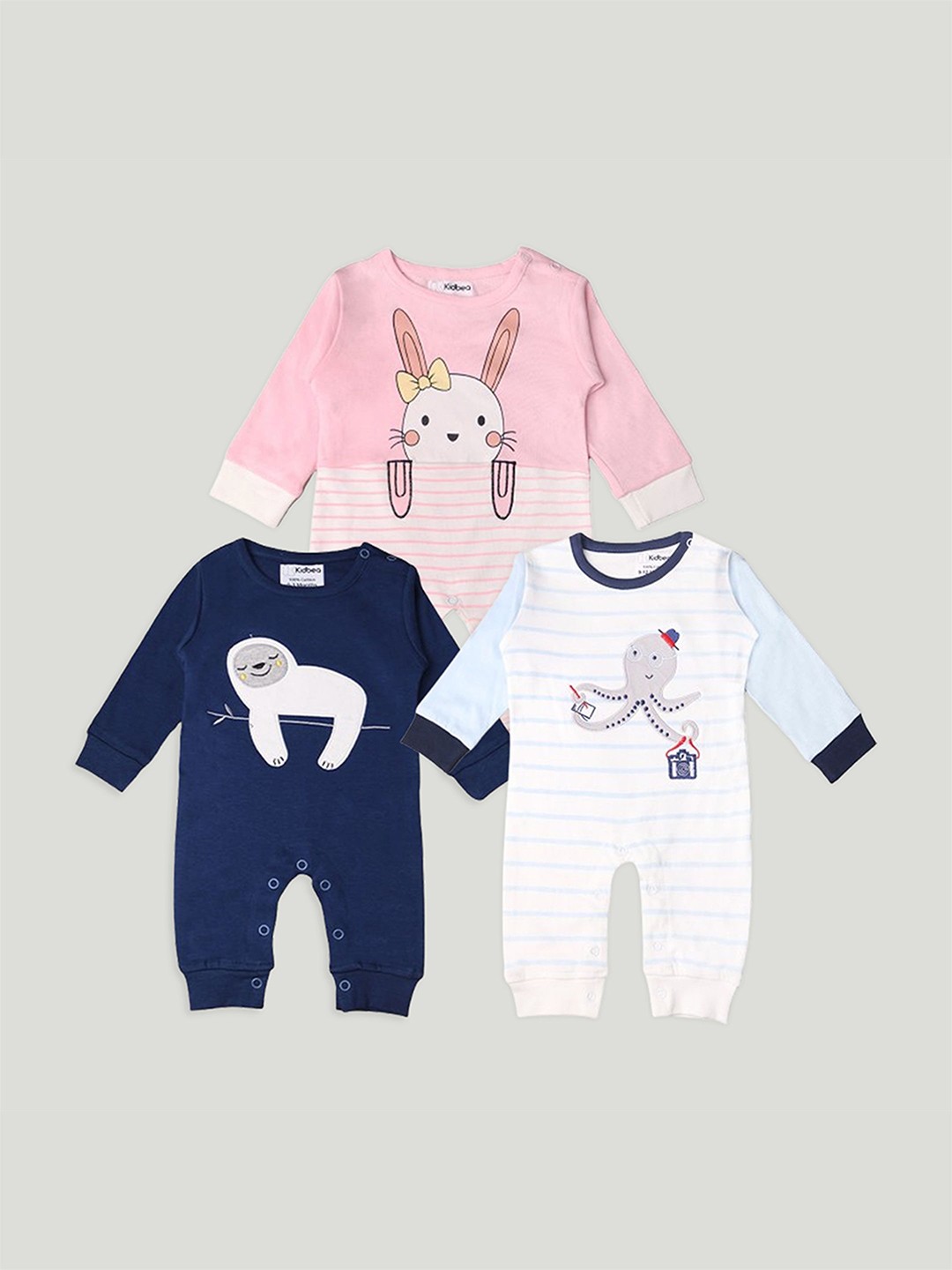 

Kidbea Infants Unisex Pack Of 3 Printed Organic Cotton Rompers, Pink