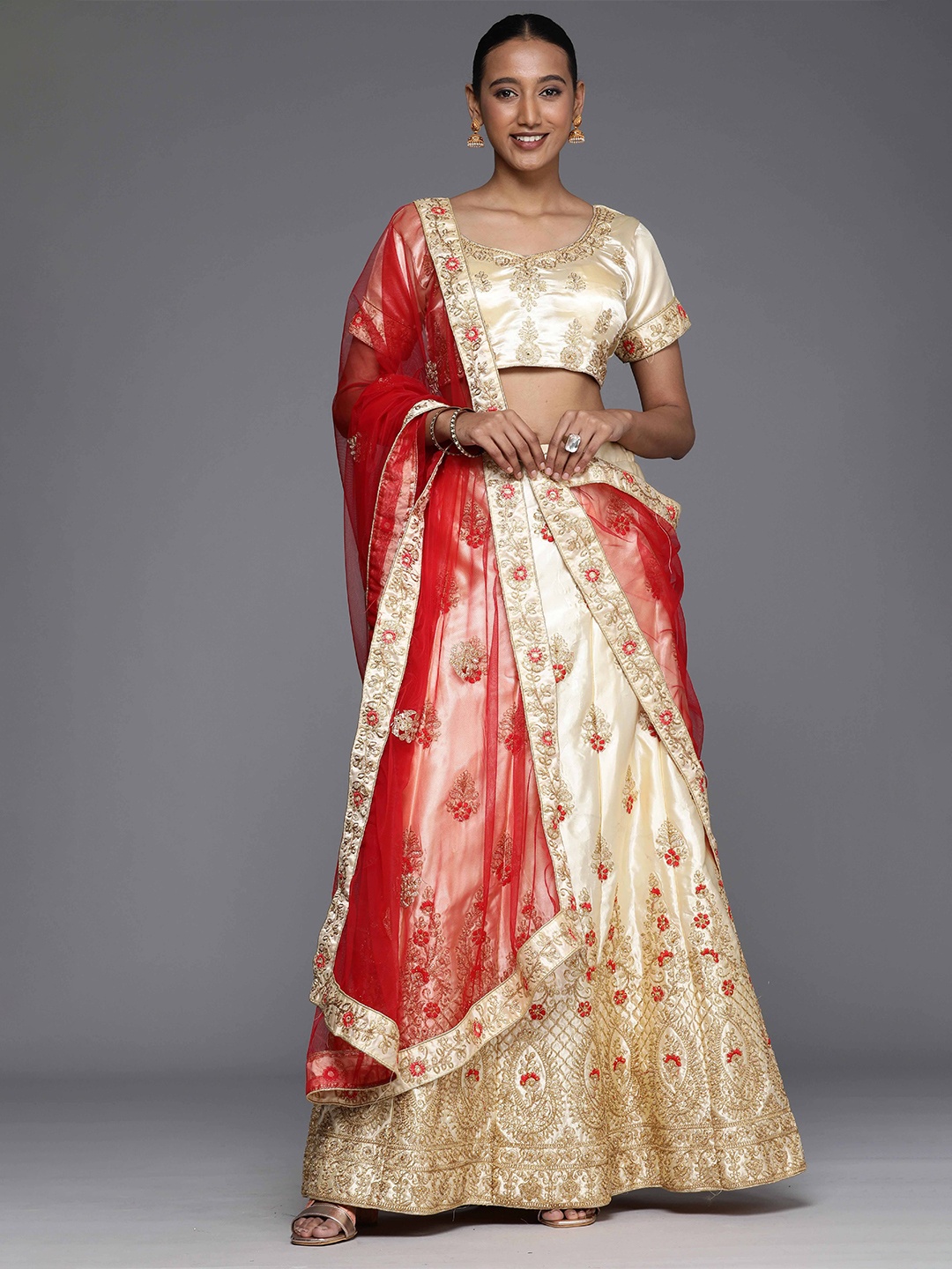 

Maroosh Embellished Beads and Stones Unstitched Lehenga & Blouse With Dupatta, Cream