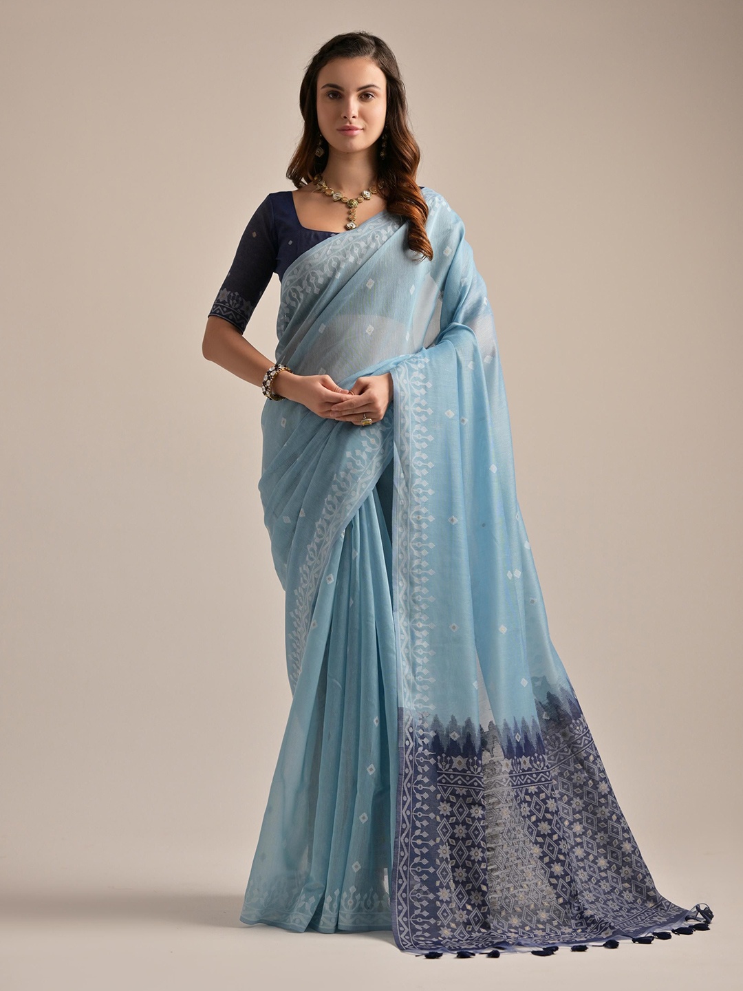 

Kandora Ethnic Motifs Woven Design Pure Cotton Saree, Blue