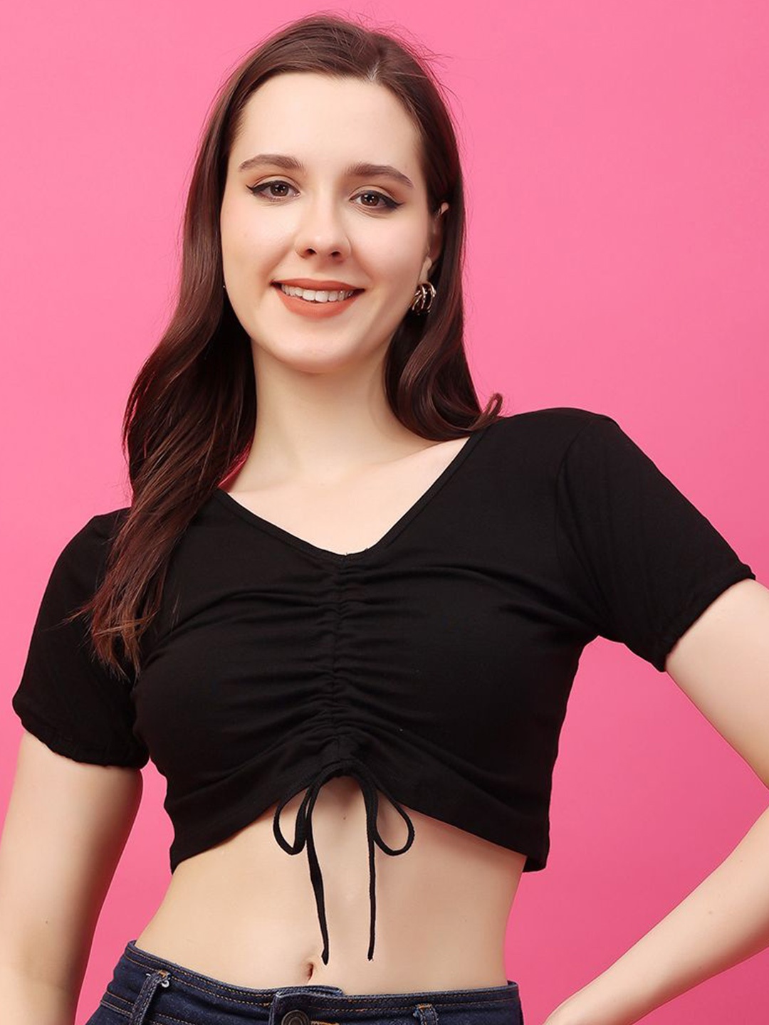 

BAESD Women Solid V-Neck Cotton Top, Black