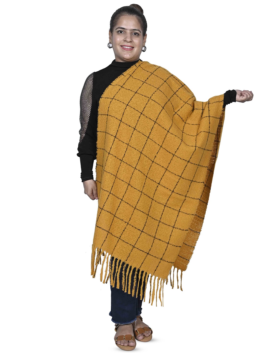 

Calvadoss Women Checked Fringed Stole, Mustard