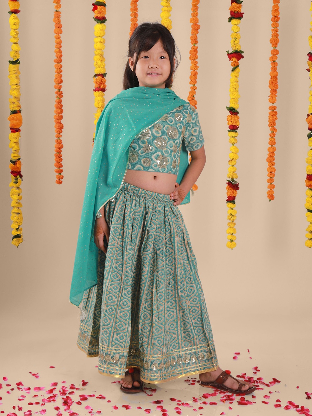 

Sangria Girls Embroidered Pure Cotton Lehenga & Top With Dupatta, Sea green