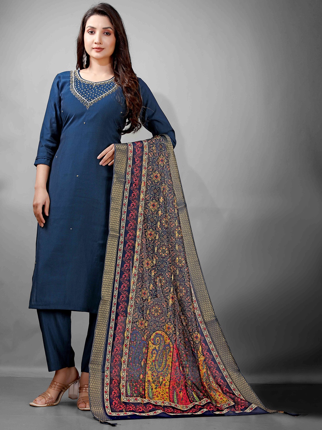 

NE STYLE Women Ethnic Motifs Embroidered Regular Mirror Work Kurta with Trousers & Dupatta, Blue