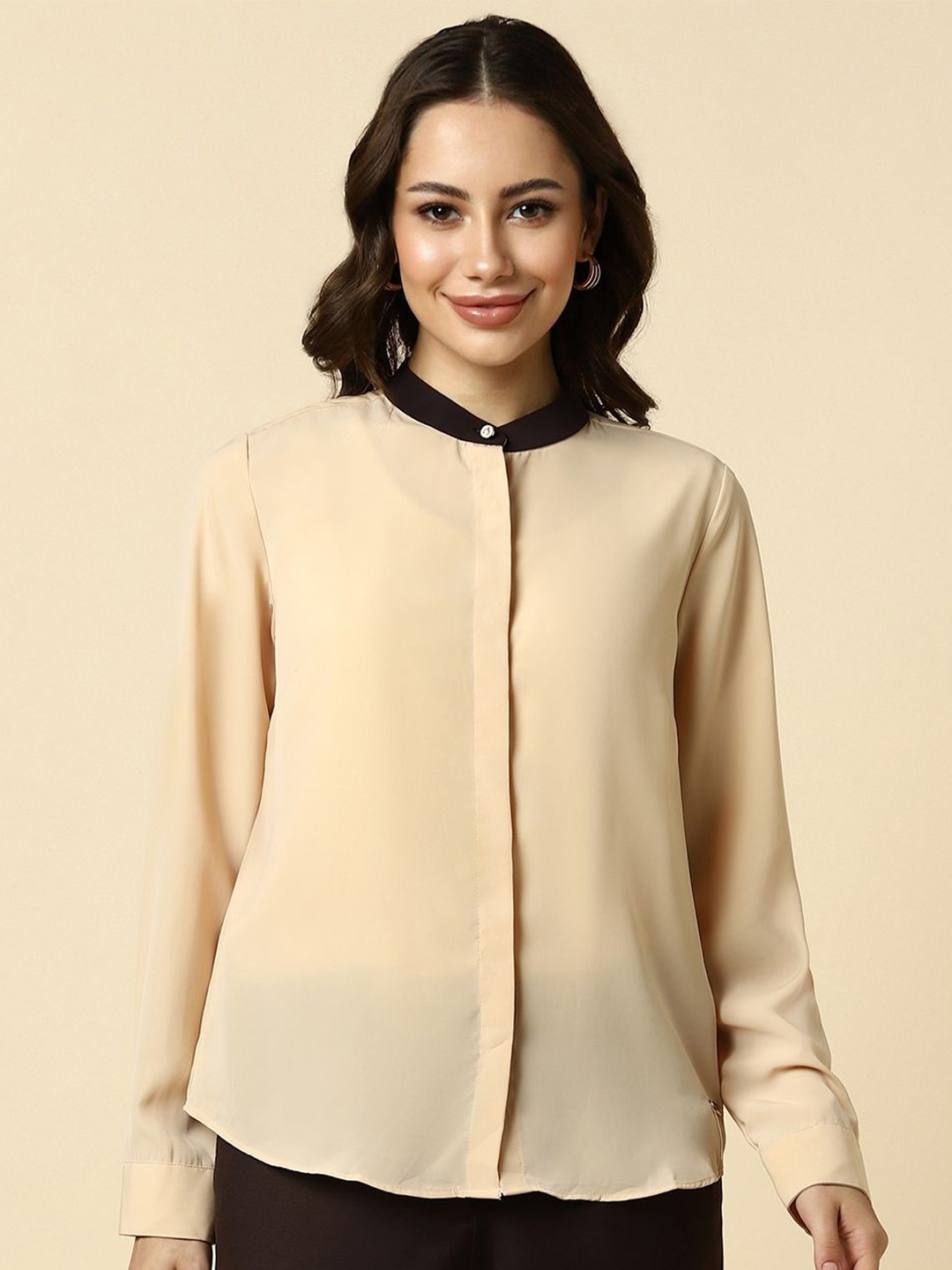 

Allen Solly Woman Band Collar Solid Formal Shirt, Beige