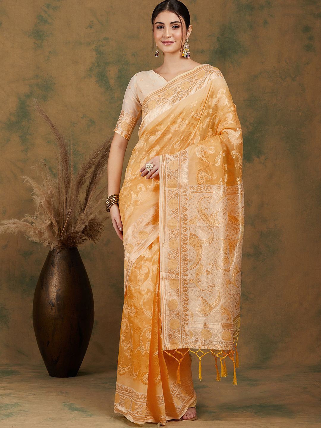 

Maroosh Woven Design Zari Saree With Blouse Piece, Yellow