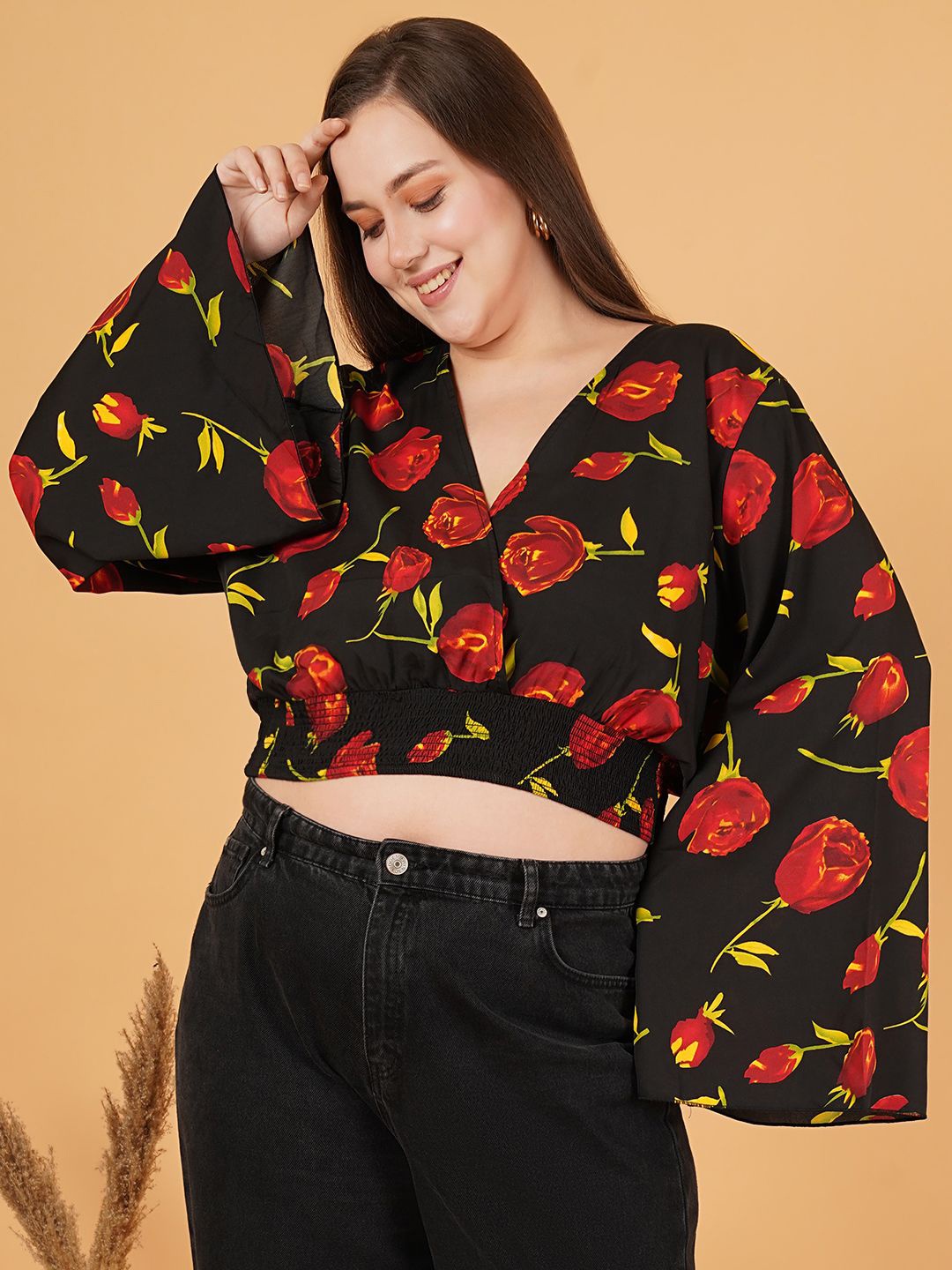 

Sztori Women Floral Printed V-Neck Plus Size Top, Black