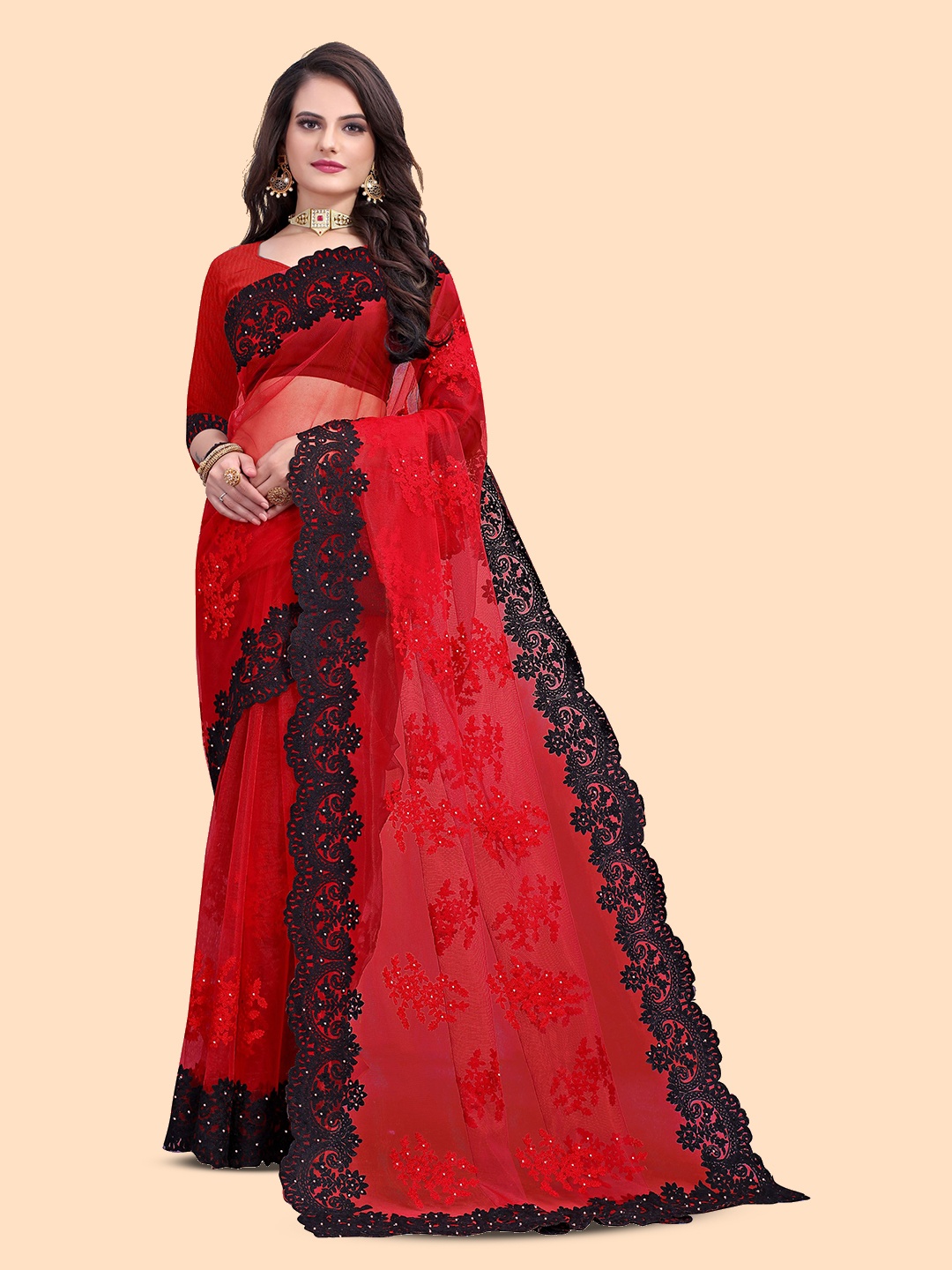 

Maroosh Floral Beads and Stones Net Fusion Saree, Red