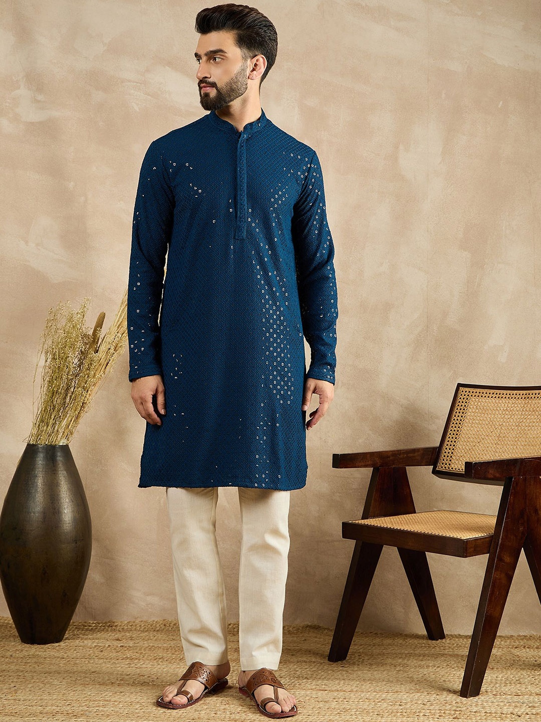 

House of Pataudi Embroidered Straight Kurtas, Blue