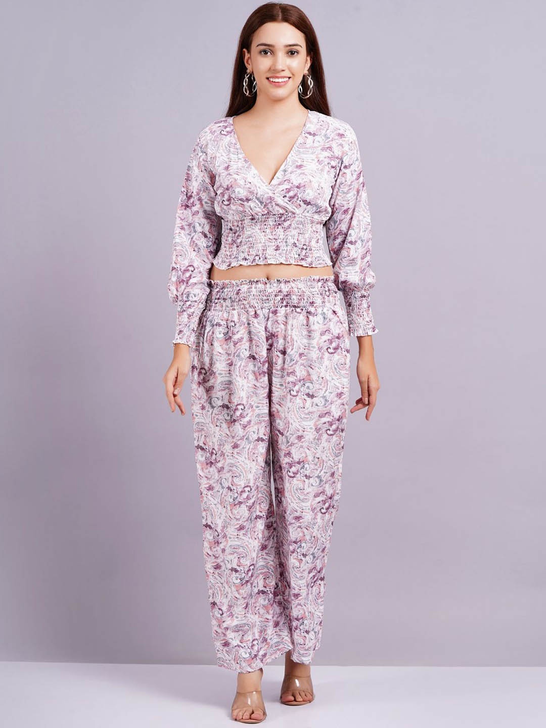

KALINI Printed V-Neck Long Sleeves Regular Top With Palazzo, Purple
